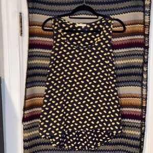 Pleione polyester tank top, size small, navy blue with yellow elephants